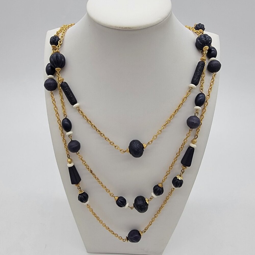Vintage Gold Tone Blue Plastic Beaded Triple Chainβ Necklace